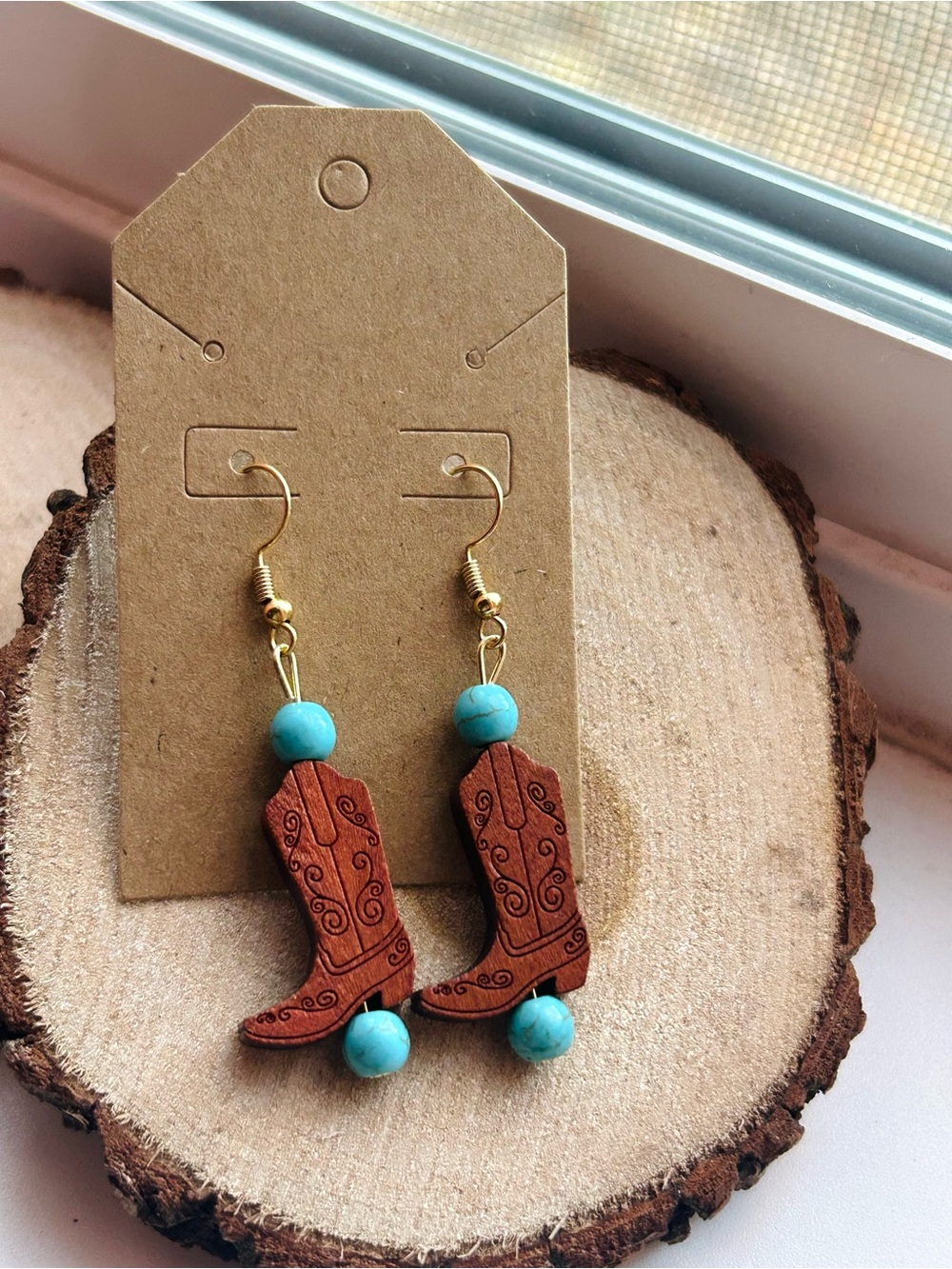 Handmade Western Cowboy Boot Earrings Turquoise Cowgirl Boho Rodeo NWT - Picture 3 of 4